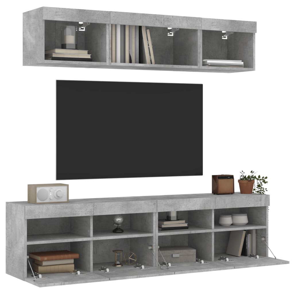 5-Delige Tv-Wandmeubelset Met Led Bewerkt Hout Betongrijs