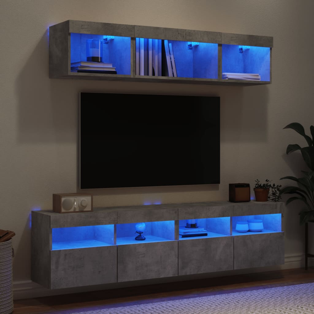 5-Delige Tv-Wandmeubelset Met Led Bewerkt Hout Betongrijs
