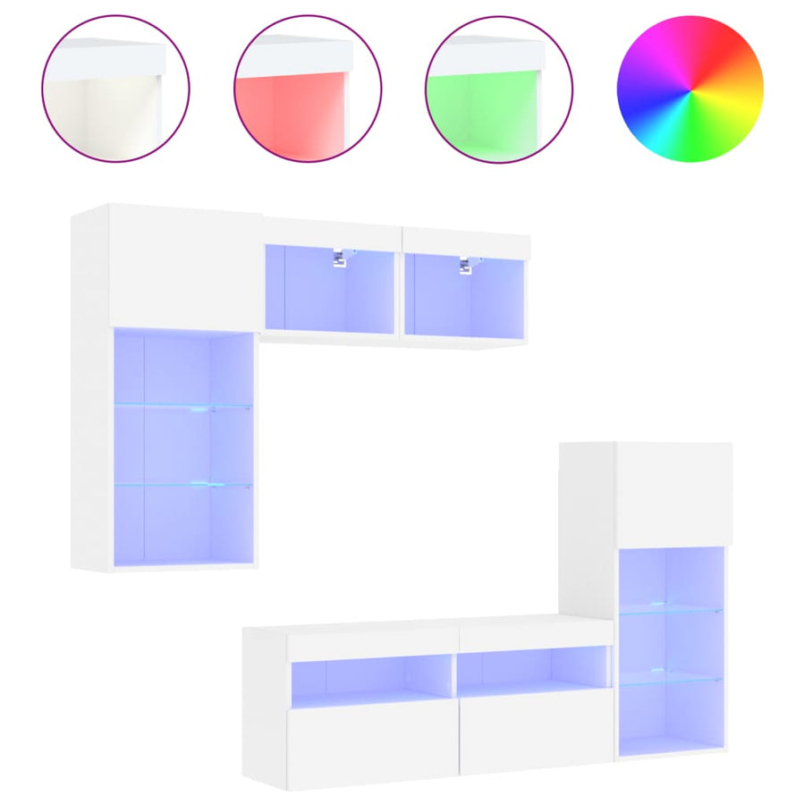 5-Delige Tv-Wandmeubelset Met Led-Verlichting Bewerkt Hout Wit