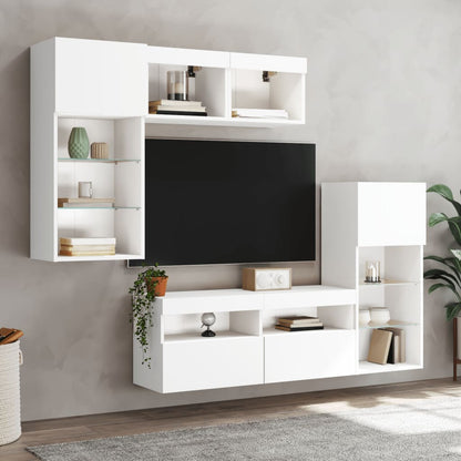 5-Delige Tv-Wandmeubelset Met Led-Verlichting Bewerkt Hout Wit