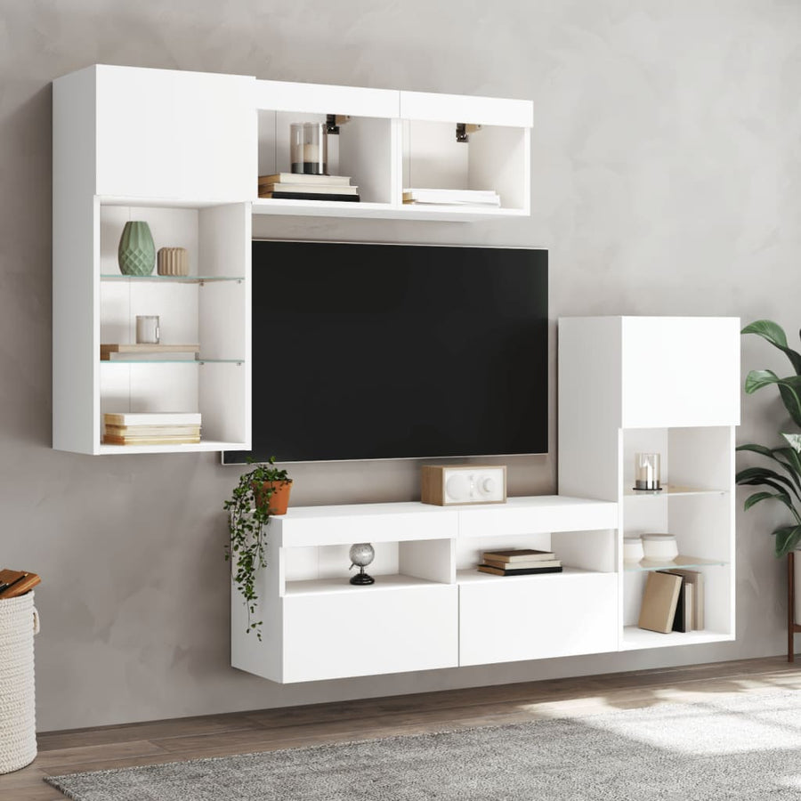 5-Delige Tv-Wandmeubelset Met Led-Verlichting Bewerkt Hout Wit