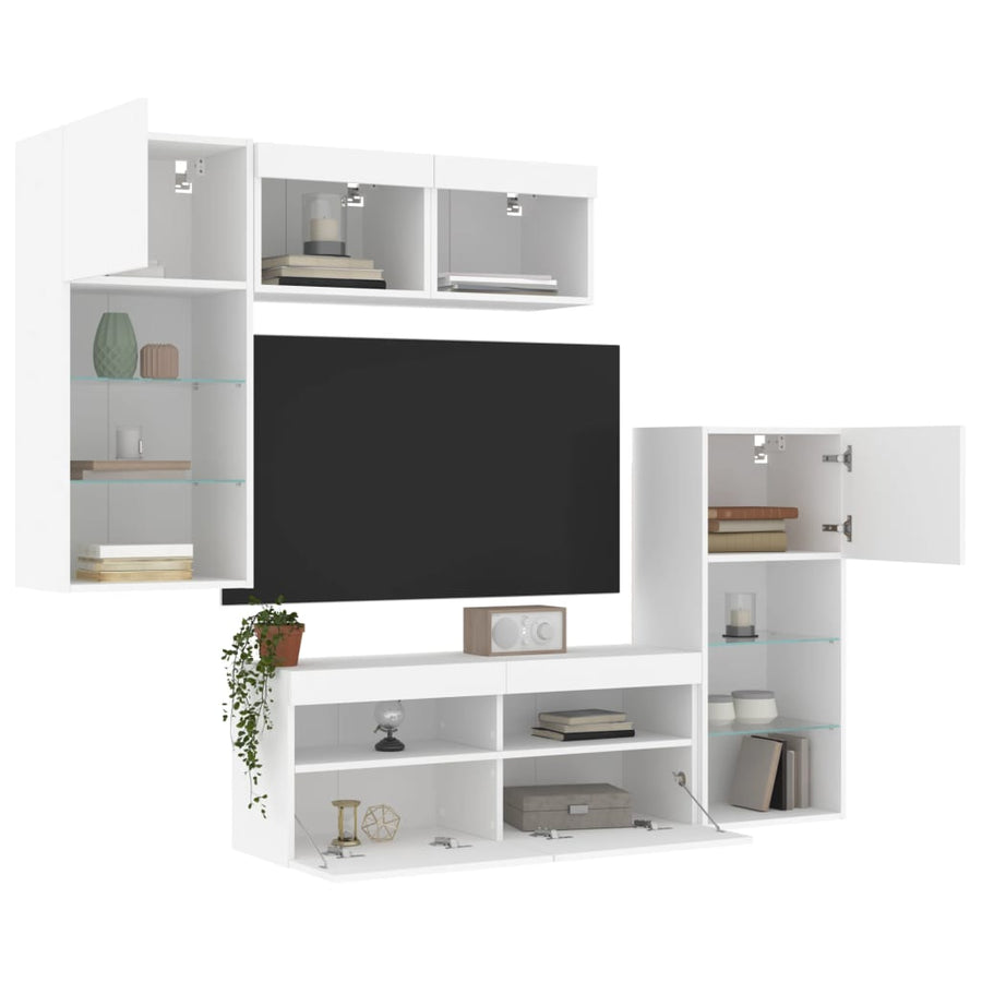5-Delige Tv-Wandmeubelset Met Led-Verlichting Bewerkt Hout Wit