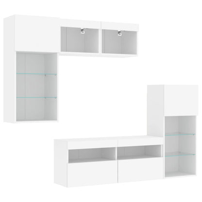 5-Delige Tv-Wandmeubelset Met Led-Verlichting Bewerkt Hout Wit