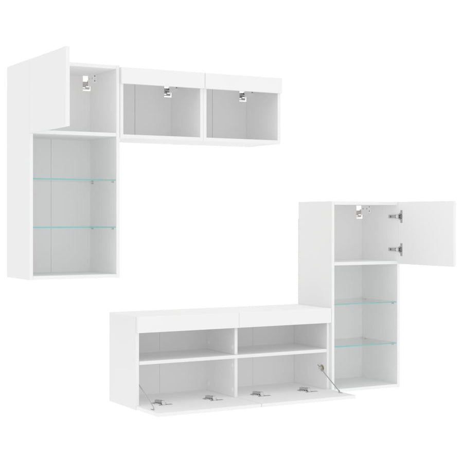 5-Delige Tv-Wandmeubelset Met Led-Verlichting Bewerkt Hout Wit