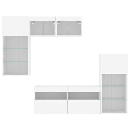 5-Delige Tv-Wandmeubelset Met Led-Verlichting Bewerkt Hout Wit