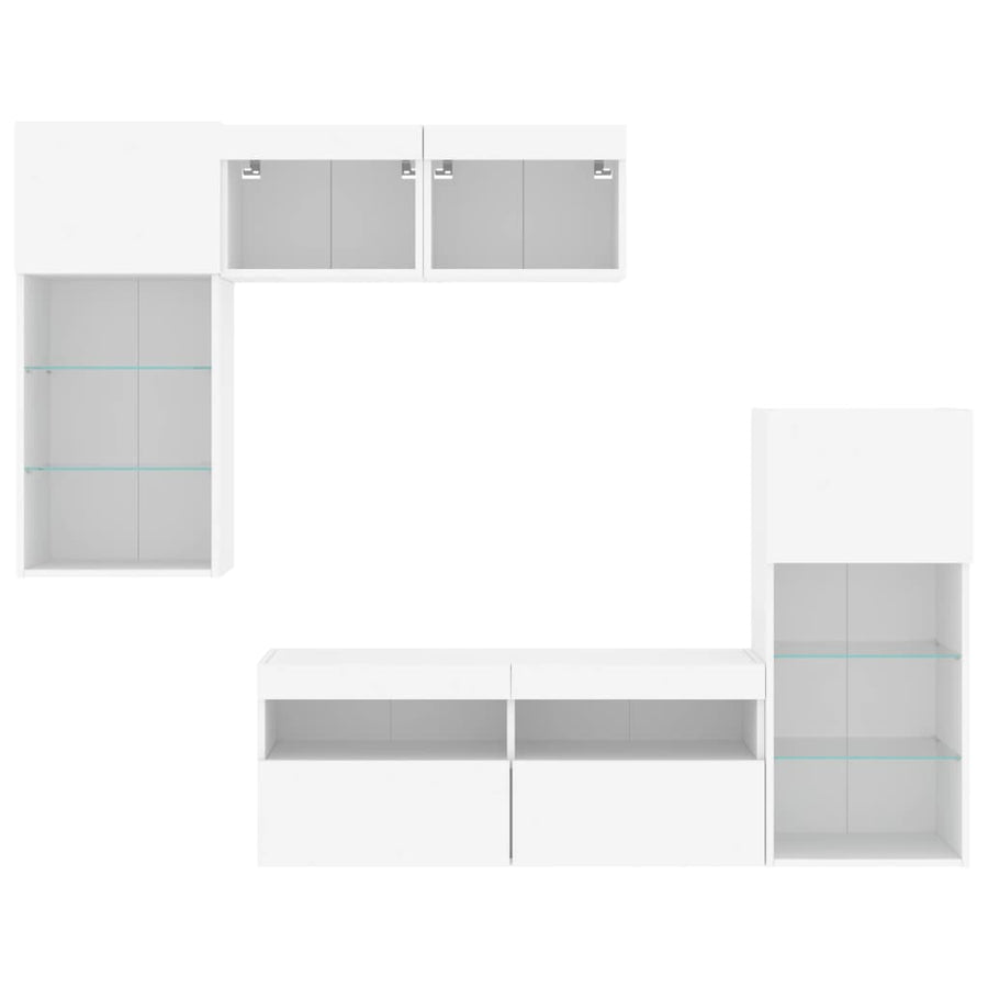 5-Delige Tv-Wandmeubelset Met Led-Verlichting Bewerkt Hout Wit