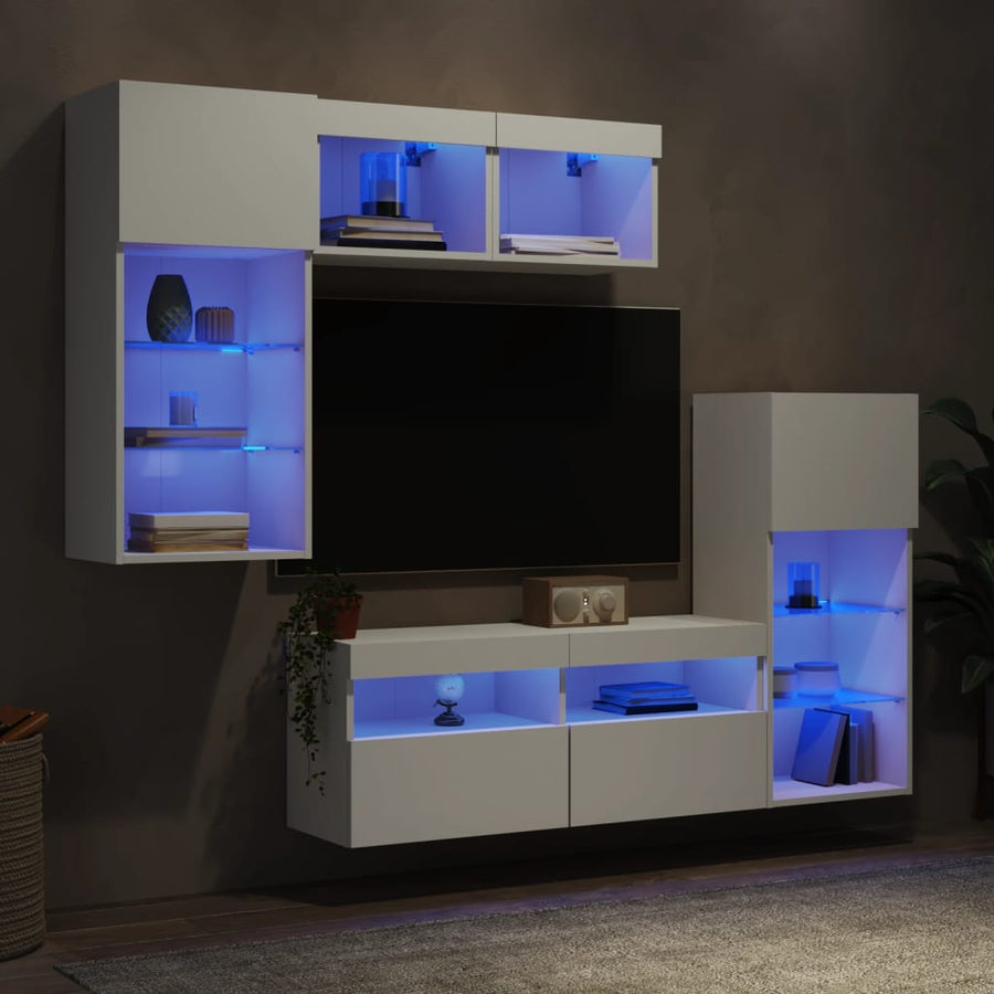 5-Delige Tv-Wandmeubelset Met Led-Verlichting Bewerkt Hout Wit