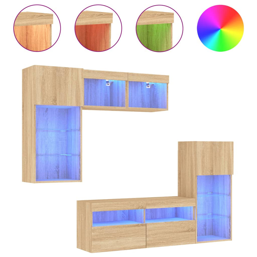 5-Delige Tv-Wandmeubelset Met Led Bewerkt Hout Sonoma Eiken