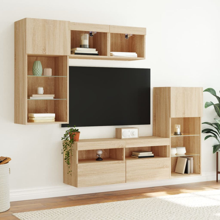 5-Delige Tv-Wandmeubelset Met Led Bewerkt Hout Sonoma Eiken
