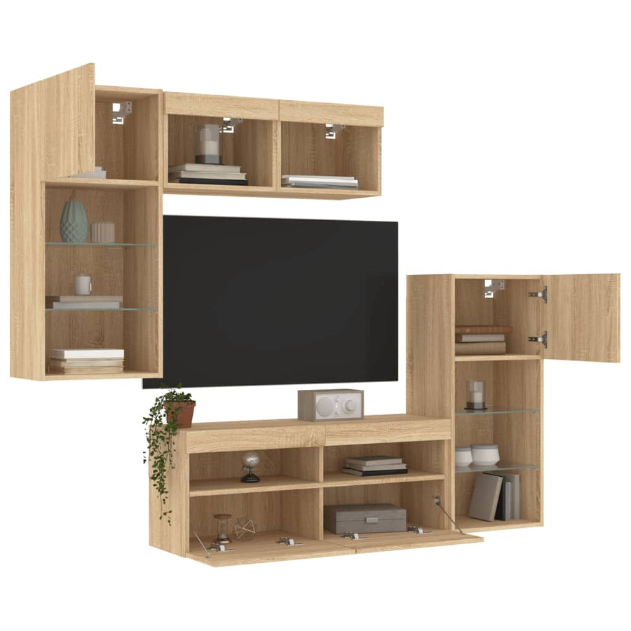 5-Delige Tv-Wandmeubelset Met Led Bewerkt Hout Sonoma Eiken
