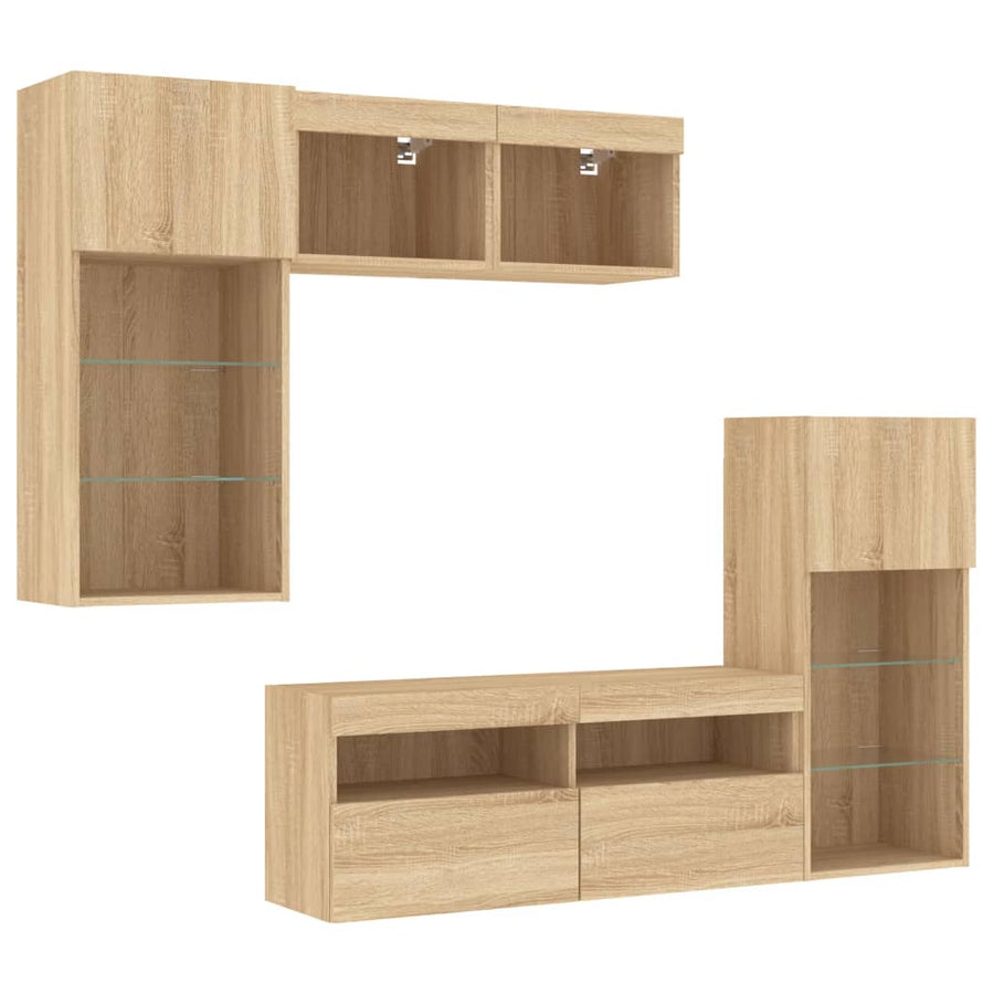 5-Delige Tv-Wandmeubelset Met Led Bewerkt Hout Sonoma Eiken