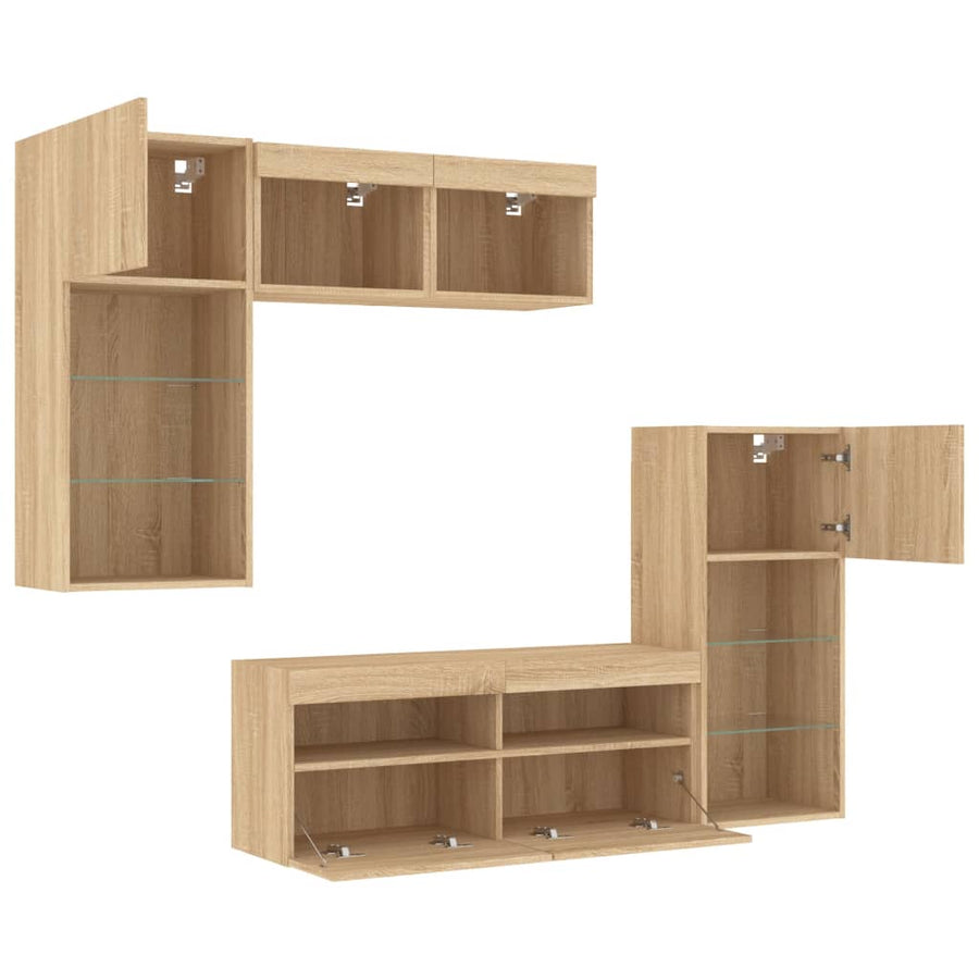 5-Delige Tv-Wandmeubelset Met Led Bewerkt Hout Sonoma Eiken