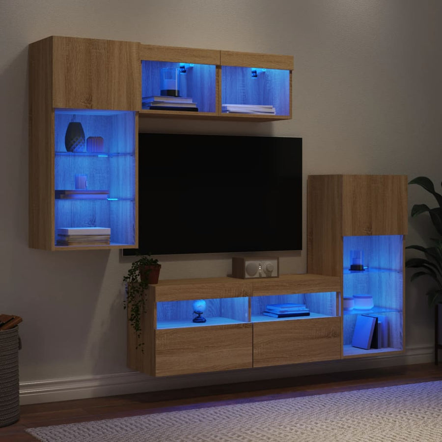 5-Delige Tv-Wandmeubelset Met Led Bewerkt Hout Sonoma Eiken