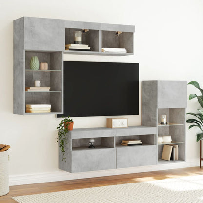5-Delige Tv-Wandmeubelset Met Led Bewerkt Hout Betongrijs