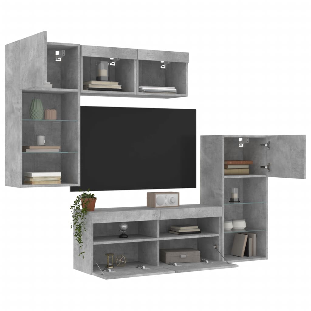 5-Delige Tv-Wandmeubelset Met Led Bewerkt Hout Betongrijs
