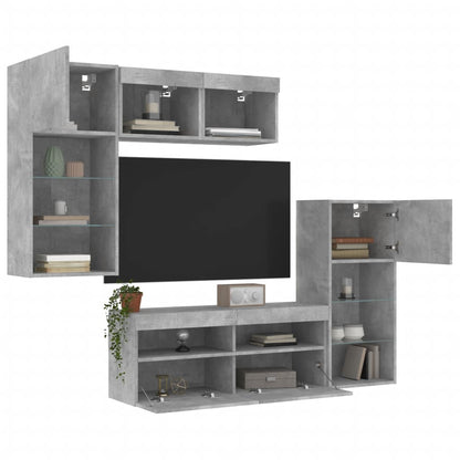 5-Delige Tv-Wandmeubelset Met Led Bewerkt Hout Betongrijs