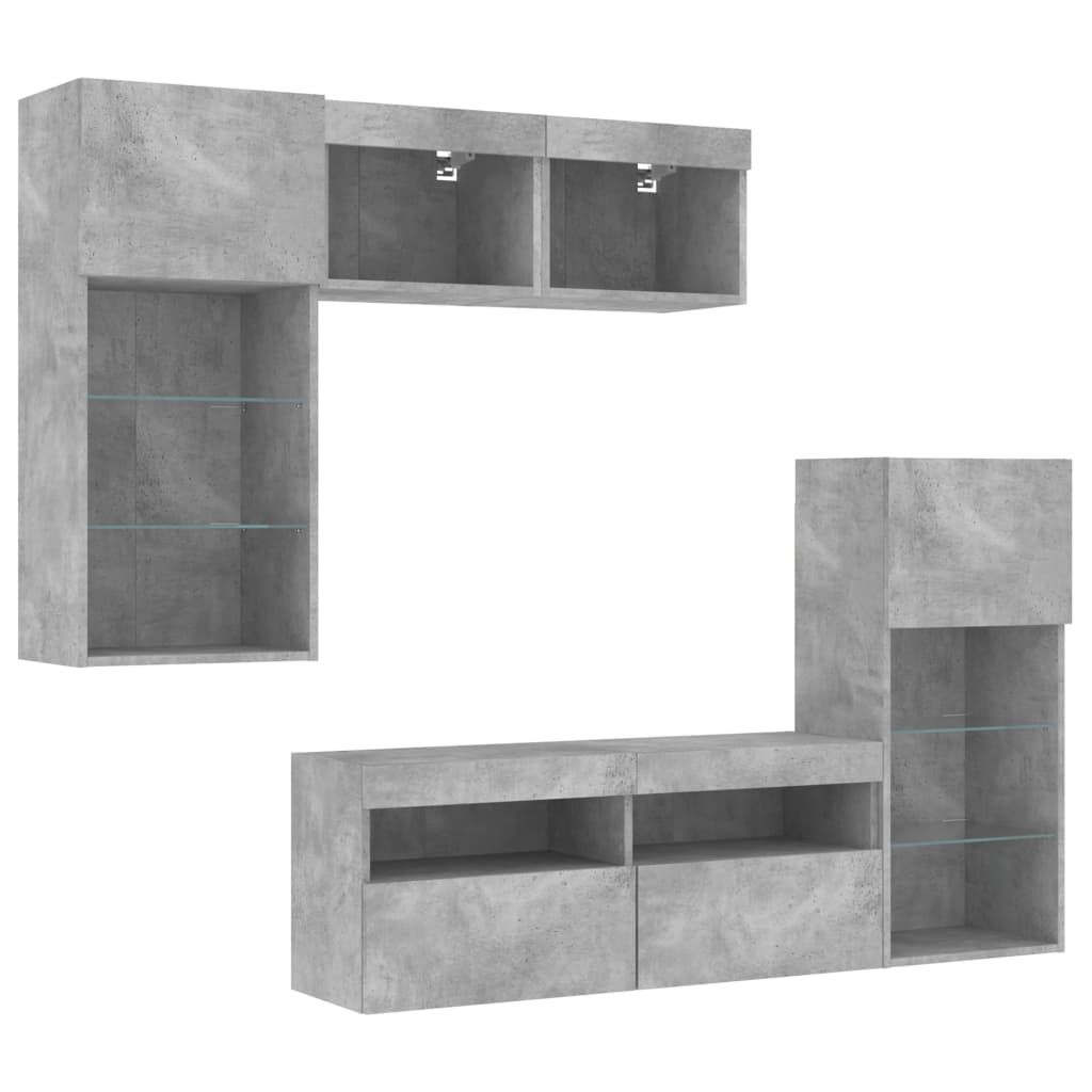 5-Delige Tv-Wandmeubelset Met Led Bewerkt Hout Betongrijs