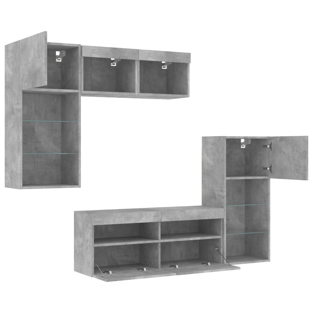 5-Delige Tv-Wandmeubelset Met Led Bewerkt Hout Betongrijs