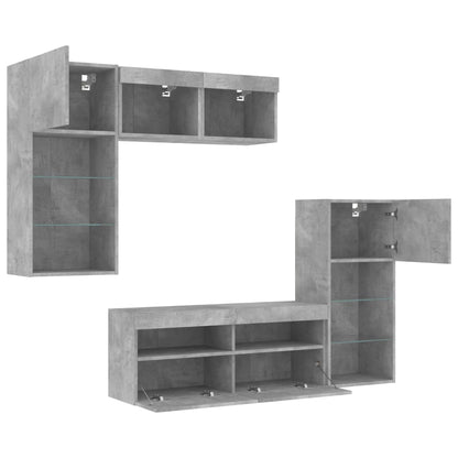 5-Delige Tv-Wandmeubelset Met Led Bewerkt Hout Betongrijs