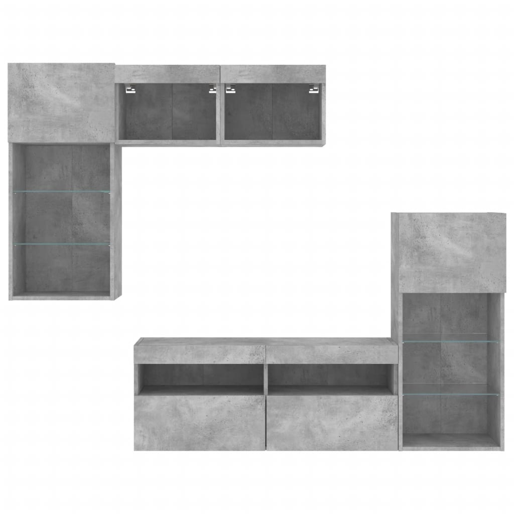 5-Delige Tv-Wandmeubelset Met Led Bewerkt Hout Betongrijs