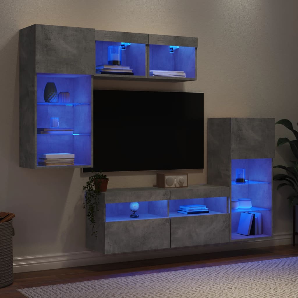 5-Delige Tv-Wandmeubelset Met Led Bewerkt Hout Betongrijs