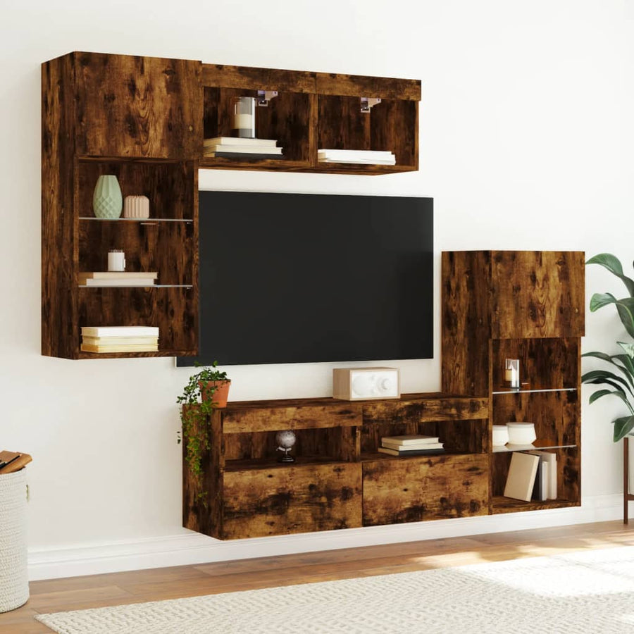 5-Delige Tv-Wandmeubelset Met Led Bewerkt Hout Gerookt Eiken