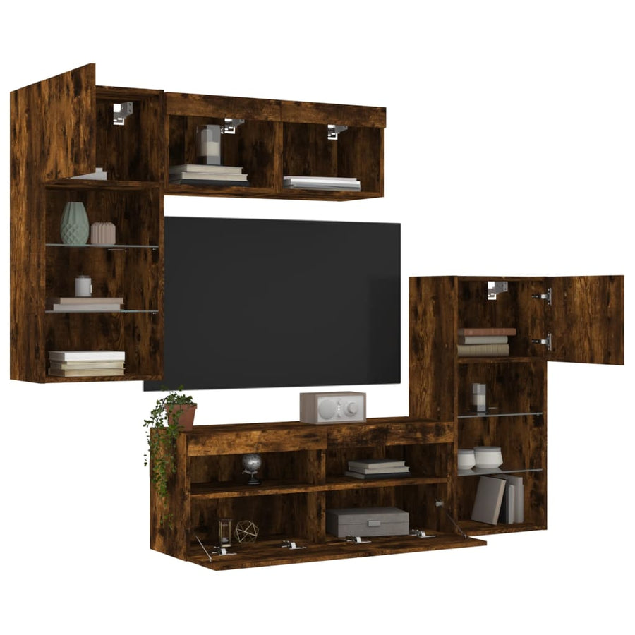 5-Delige Tv-Wandmeubelset Met Led Bewerkt Hout Gerookt Eiken