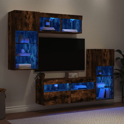 5-Delige Tv-Wandmeubelset Met Led Bewerkt Hout Gerookt Eiken