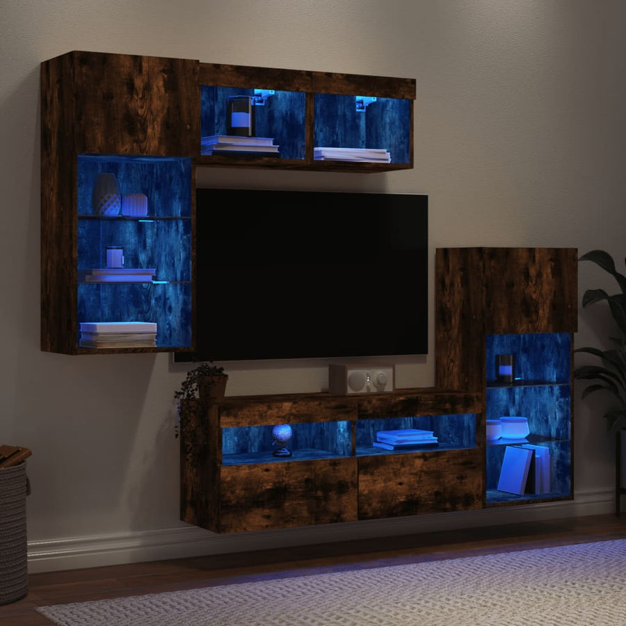 5-Delige Tv-Wandmeubelset Met Led Bewerkt Hout Gerookt Eiken