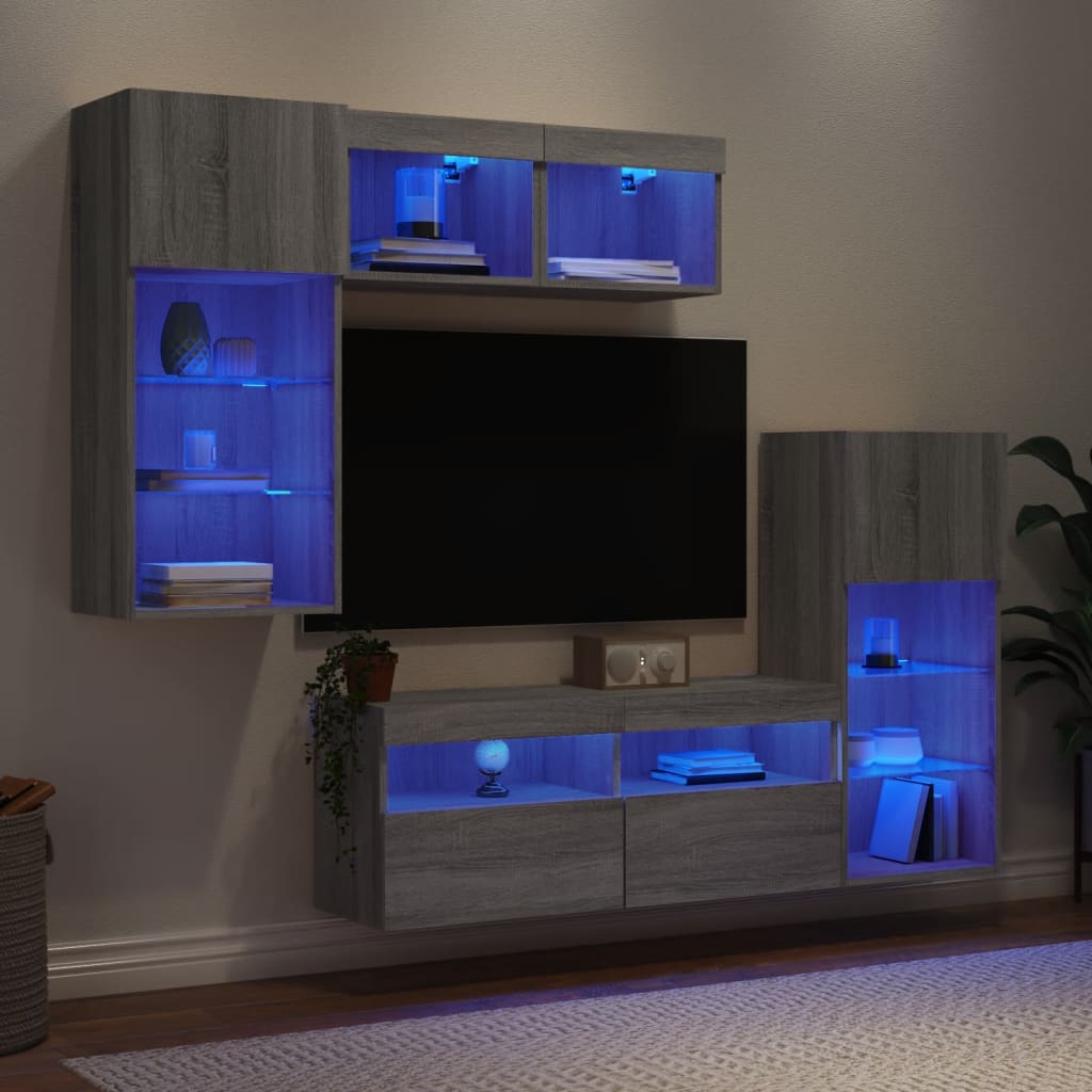 5-Delige Tv-Wandmeubelset Met Led Grijs Sonoma Eikenkleurig
