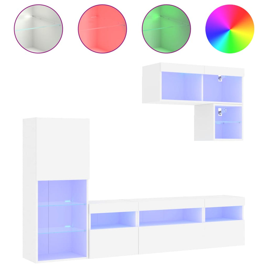 6-Delige Tv-Wandmeubelset Met Led-Verlichting Bewerkt Hout Wit
