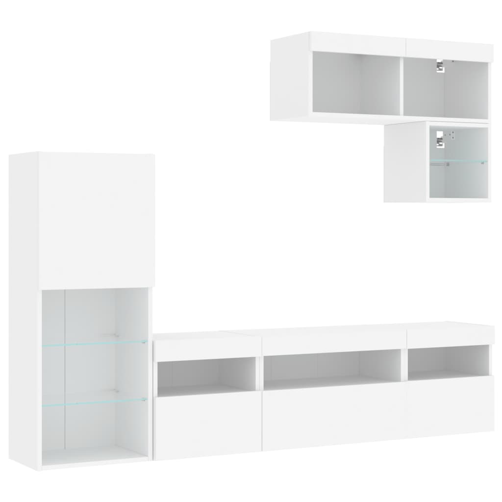 6-Delige Tv-Wandmeubelset Met Led-Verlichting Bewerkt Hout Wit