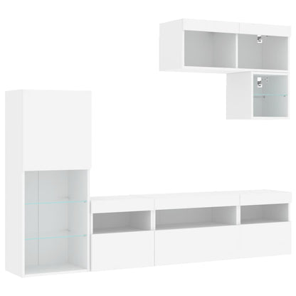 6-Delige Tv-Wandmeubelset Met Led-Verlichting Bewerkt Hout Wit