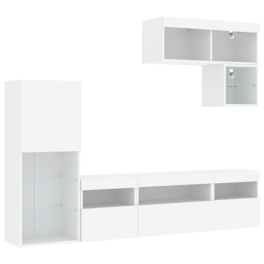 6-Delige Tv-Wandmeubelset Met Led-Verlichting Bewerkt Hout Wit