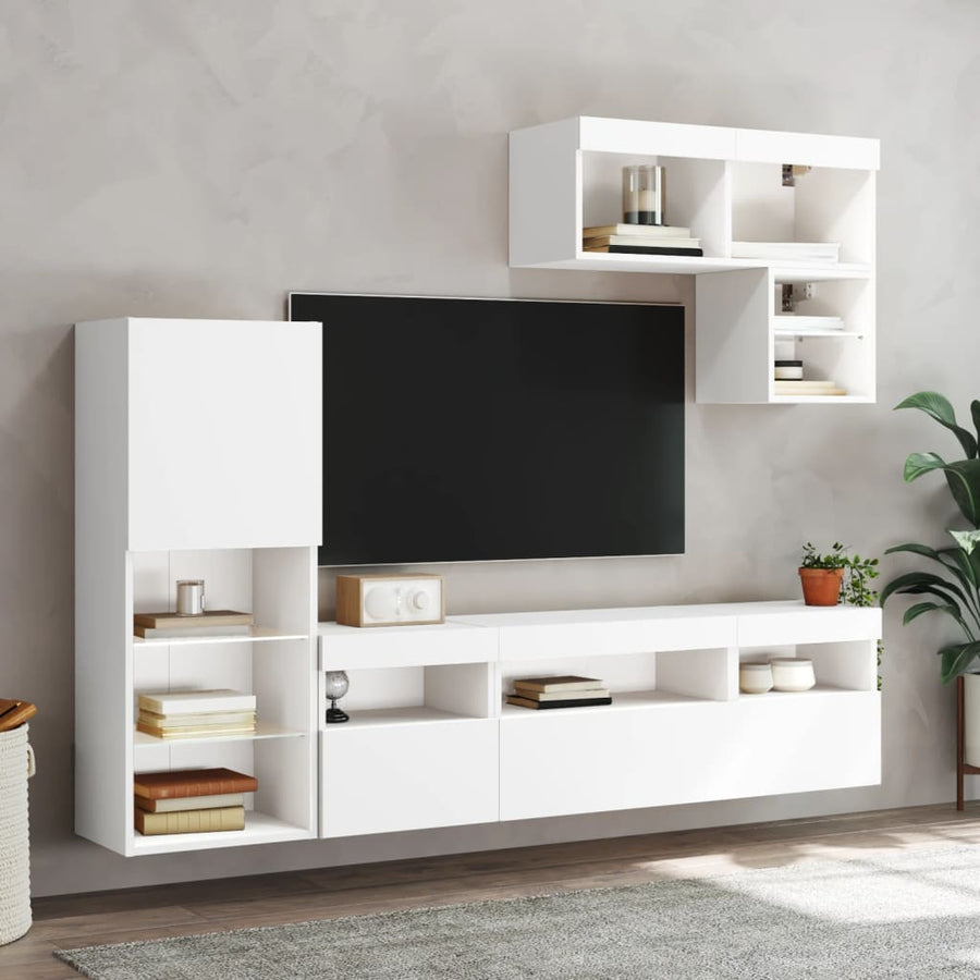 6-Delige Tv-Wandmeubelset Met Led-Verlichting Bewerkt Hout Wit