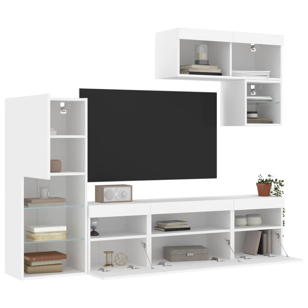 6-Delige Tv-Wandmeubelset Met Led-Verlichting Bewerkt Hout Wit
