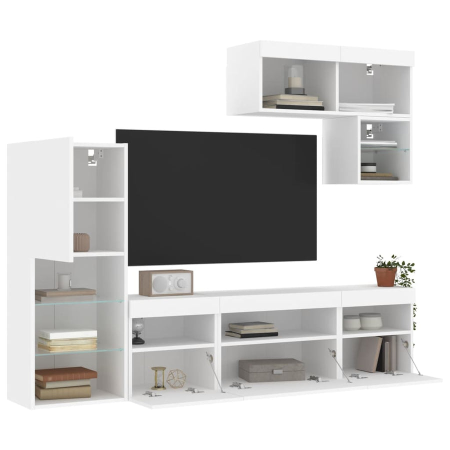 6-Delige Tv-Wandmeubelset Met Led-Verlichting Bewerkt Hout Wit