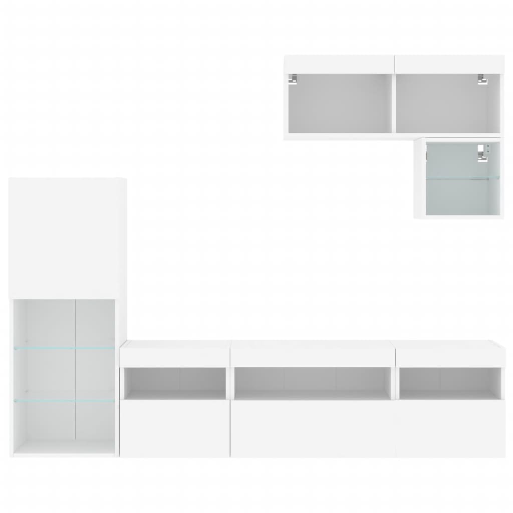 6-Delige Tv-Wandmeubelset Met Led-Verlichting Bewerkt Hout Wit