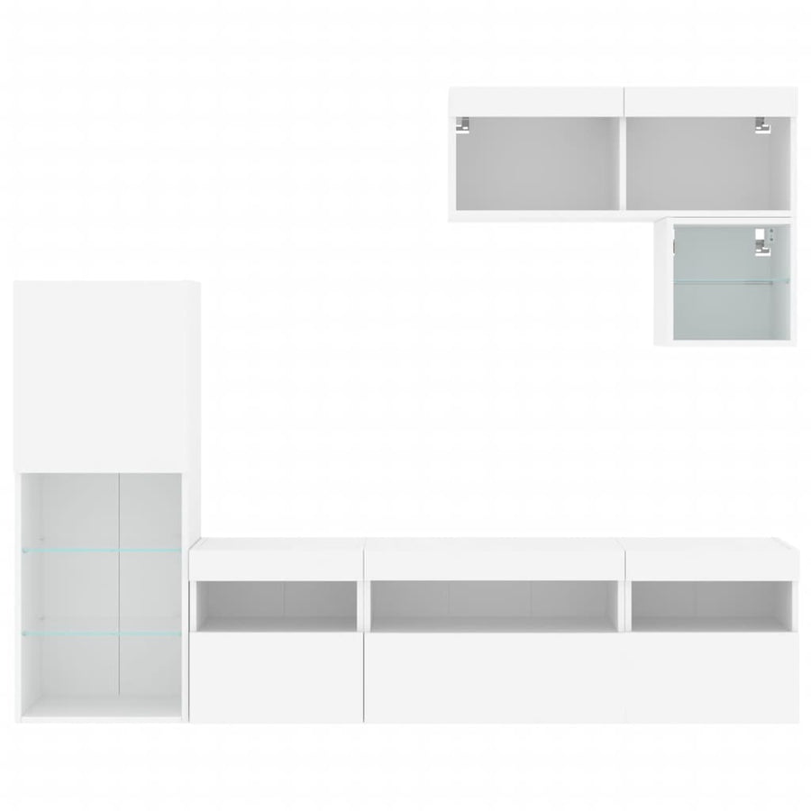 6-Delige Tv-Wandmeubelset Met Led-Verlichting Bewerkt Hout Wit