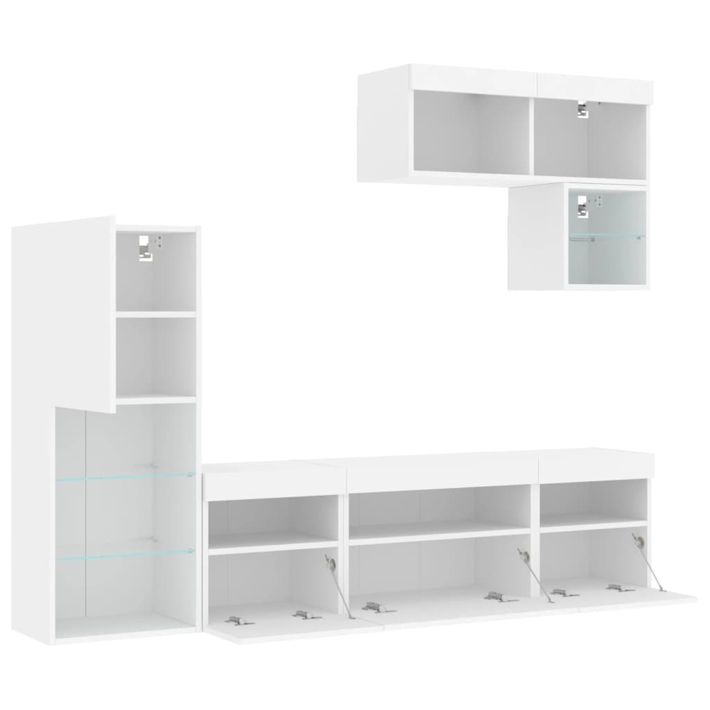 6-Delige Tv-Wandmeubelset Met Led-Verlichting Bewerkt Hout Wit