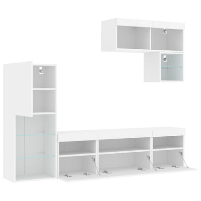 6-Delige Tv-Wandmeubelset Met Led-Verlichting Bewerkt Hout Wit