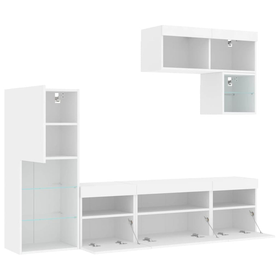 6-Delige Tv-Wandmeubelset Met Led-Verlichting Bewerkt Hout Wit