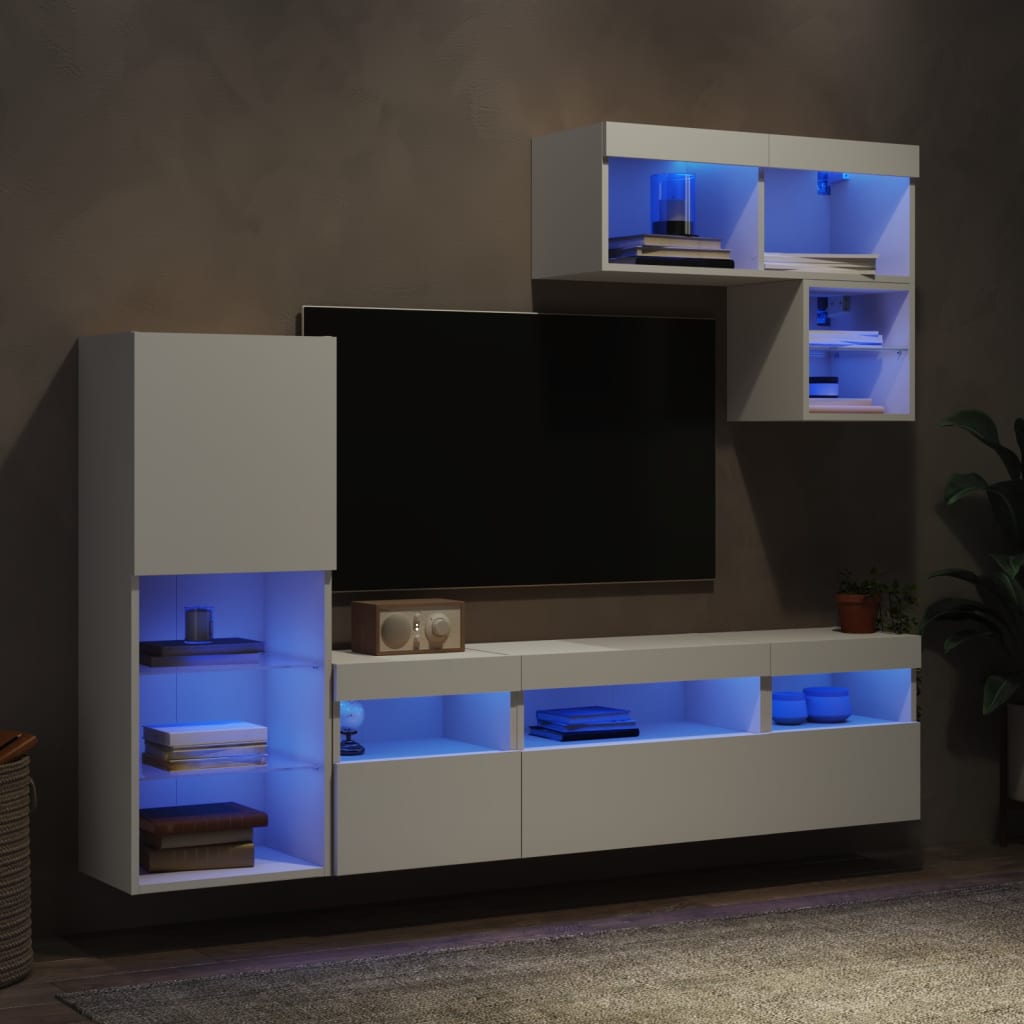 6-Delige Tv-Wandmeubelset Met Led-Verlichting Bewerkt Hout Wit
