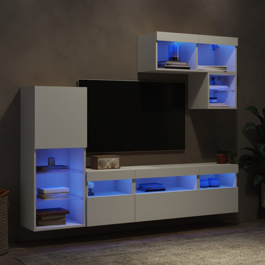 6-Delige Tv-Wandmeubelset Met Led-Verlichting Bewerkt Hout Wit