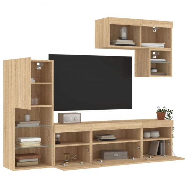 6-Delige Tv-Wandmeubelset Met Led Bewerkt Hout Sonoma eiken