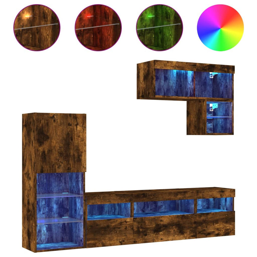 6-Delige Tv-Wandmeubelset Met Led Bewerkt Hout Gerookt eiken