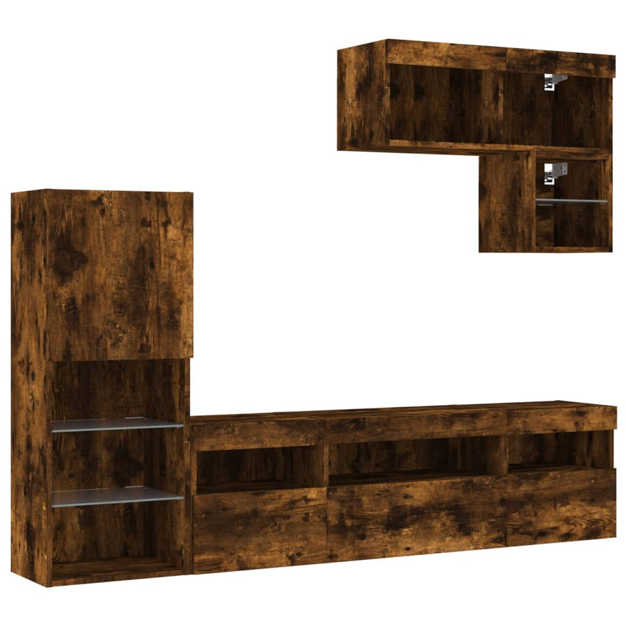 6-Delige Tv-Wandmeubelset Met Led Bewerkt Hout Gerookt eiken