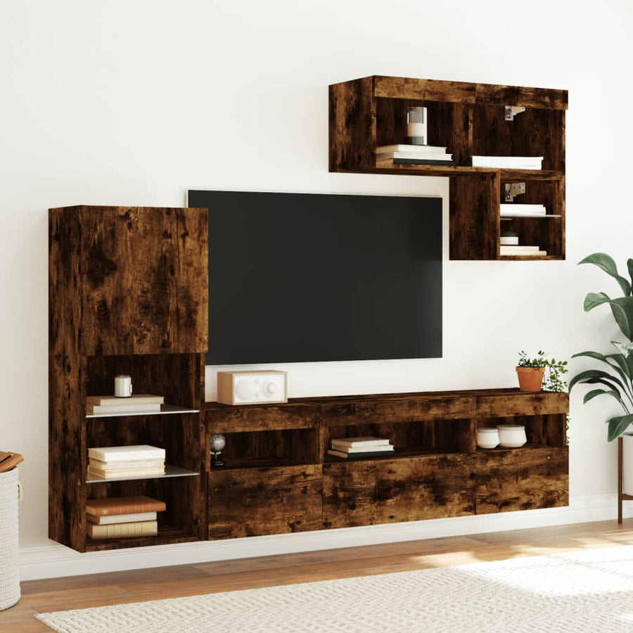 6-Delige Tv-Wandmeubelset Met Led Bewerkt Hout Gerookt eiken