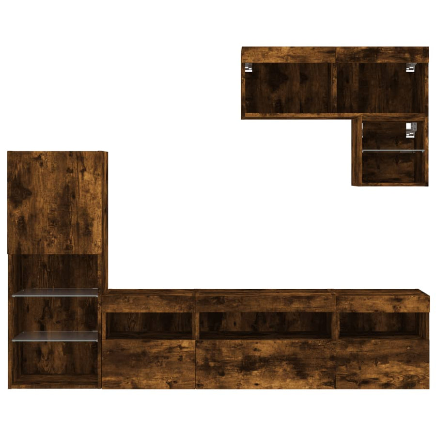 6-Delige Tv-Wandmeubelset Met Led Bewerkt Hout Gerookt eiken