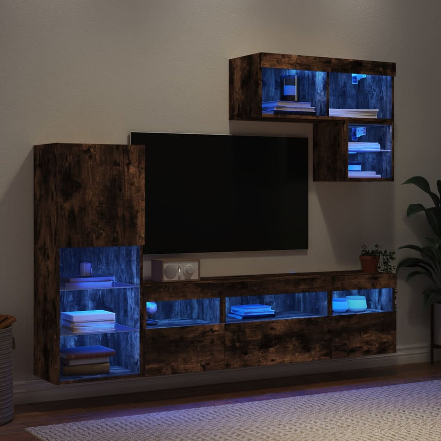 6-Delige Tv-Wandmeubelset Met Led Bewerkt Hout Gerookt eiken